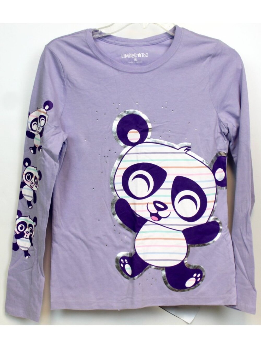 Vtg Limited Too Y2K Lavender Panda Tee sz 16 Shirt Rhinestones NWT Stripe Kawaii